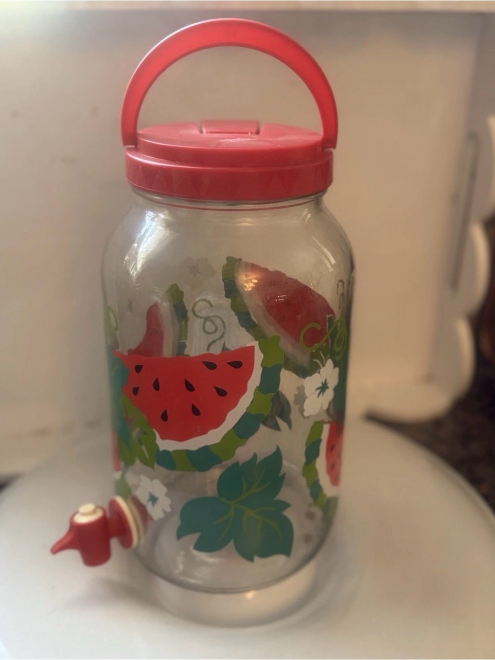 Vintage Sun Tea Jar With Watermelons. Spout. One Gallon.  Red And Green.